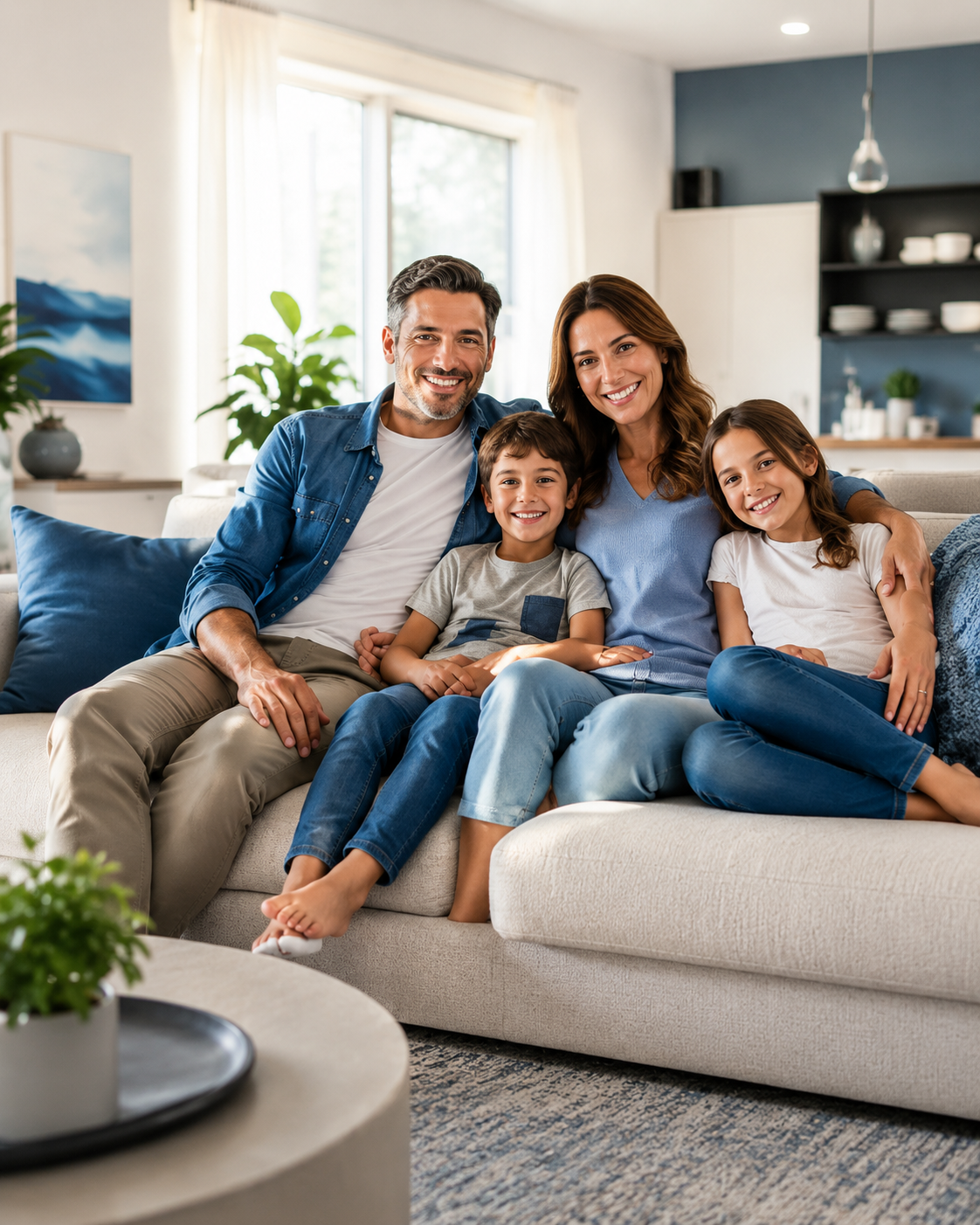 Happy family relaxing comfortably in a modern living room